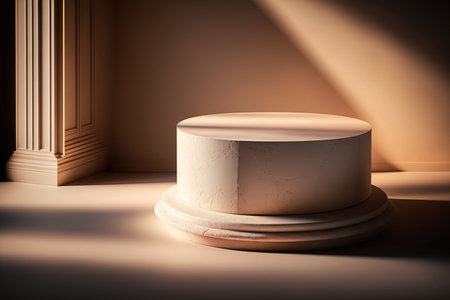 Empty minimal product podium display background made of eco organic materials. Abstract showcase interior horizontal background. AI generative image.の素材