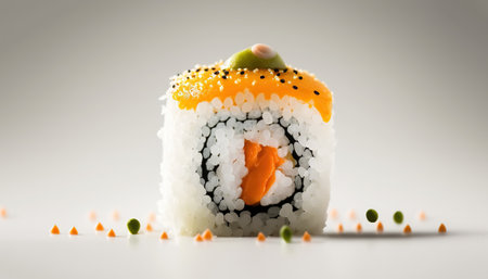 Close up sushi roll on white background. Delicious and healthy seafood. AI generative image.の素材