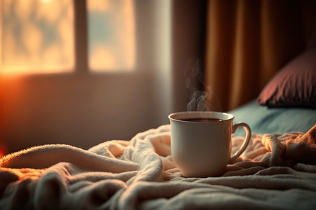 Cozy morning bedroom with cup of hot tea or black coffee. Indoor horizontal background with copy space. AI generative image.の素材