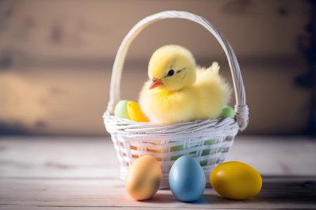 Springtime holiday poster with yellow chick and multicolored eggs. AI generated picture.の素材