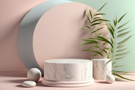 Modern minimal cylindrical podium with beautiful plants and place for product display. Soft pastel colors. Empty showcase layout. AI generated picture.の素材