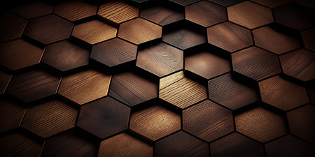 Hexagonal wooden tiles pattern, honeycomb shaped background made of timber. horizontal format. AI generative image.の素材