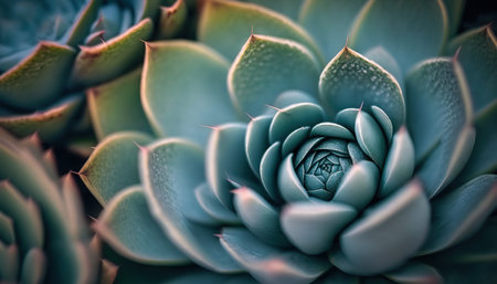 Beautiful abstract nature horizontal background with close up succulent plant. AI generative image.の素材