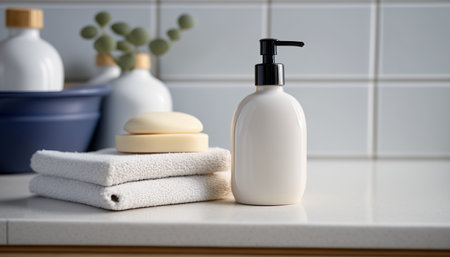 Liquid soap bottle with towels mockup. Indoor cozy background. AI generative image.の素材