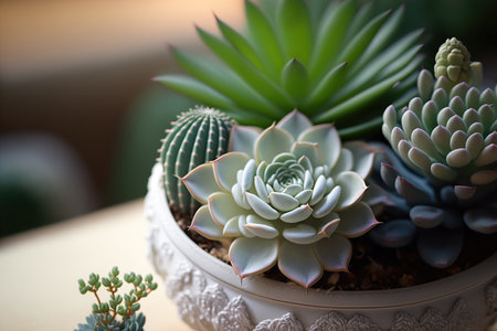 Indoor succulent cactus plants background. AI generated image.の素材