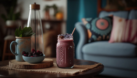 Delicious close up fruit smoothie on cozy indoor background with plant and blurred sofa, healthy and tasty food concept. milkshake. AI generative image.の素材