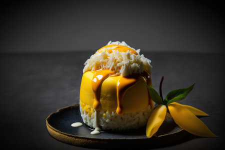 Close up sweet tasty Thai mango sticky rice delicious breakfast food on black background. AI generative image.の素材