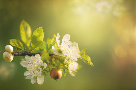 Blooming tree nature scene, abstract orchard illustration with place for text. AI generated picture.の素材