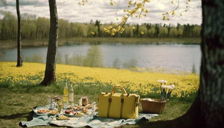 Retro style picnic by the spring lake. outdoor nature horizontal background. AI generative image.の素材