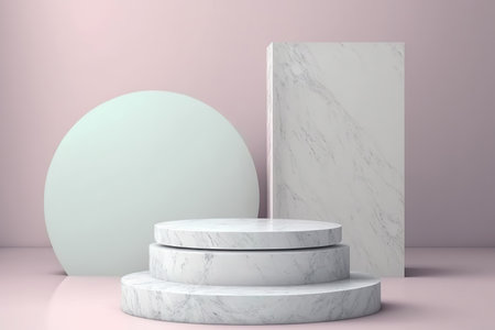 Modern minimal cylindrical podium with place for product display. Soft pastel colors. Empty showcase layout. AI generated picture.の素材