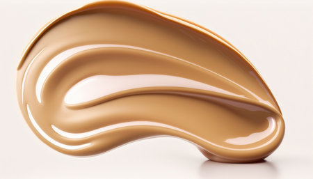 Close up smear of beige skin tone natural bb cream, beauty cosmetic product on white background. AI generative image.の素材