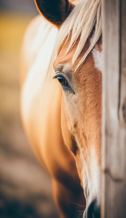 Beautiful vertical portrait of ginger horse. outdoor horizontal background. Mobile splash screen template. AI generative image.の素材