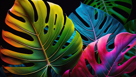 Abstract multicolored summer tropical monstera leaves, rainbow spectrum, horizontal wild nature botany background. AI generative image.の素材