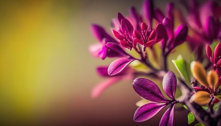 Beautiful abstract floral horizontal banner with copy space. Close up fresh summer flowers on blurred backdrop. greeting card template. AI generative image.の素材