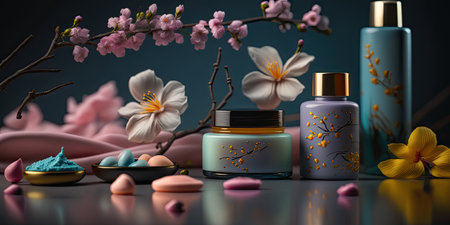 Set of different organic cosmetic beauty products on background with spring flowers. Showcase of eco-friendly cosmetics. horizontal banner. wellness concept. AI generative image.の素材