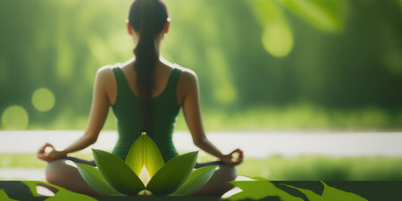 Beautiful calm woman meditating on a sunny park lawn. Female person doing yoga on outdoor background. Body and mental health care. Horizontal banner with copy space. AI generated image.の素材