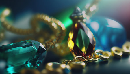 Beautiful abstract jewelery background with shiny green emerald gemstone. Horizontal background with copy space. AI generative image.の素材