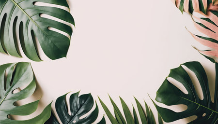 Top view background with border made of monstera leaves. Modern natural flat lay background with copy space. horizontal frame. AI generative image.の素材