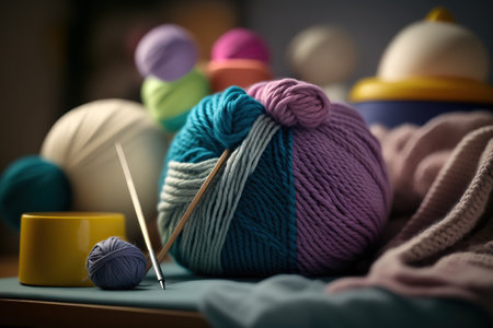 Close up different multicolored balls of woolen yarn. Knitting hobby. indoor horizontal background. AI generative image.の素材