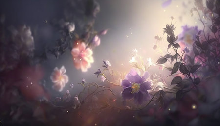 Beautiful soft abstract floral horizontal background. Greeting card with flowers and copy space template. AI generative image.の素材