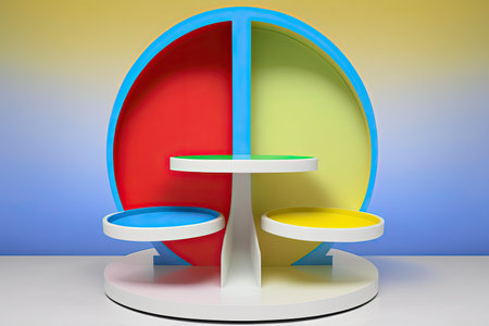 Abstract minimal pop art product podium display. Empty showcase layout. horizontal background. AI generative image.の素材