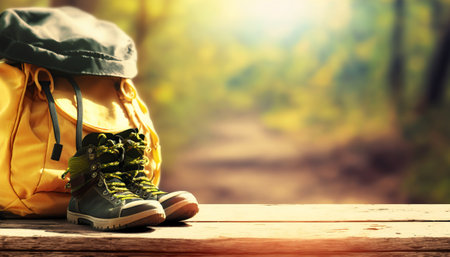 Abstract hiking background with big backpack and shoes. Outdoor nature horizontal background with copy space. AI generative image.の素材