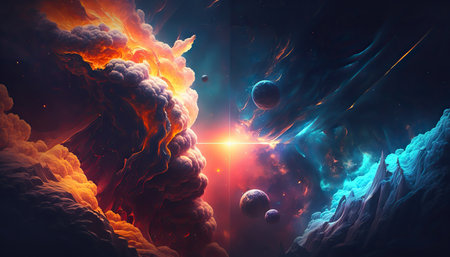 Abstract space core fantasy background with planet and glowing sky horizontal background. AI generative image.の素材