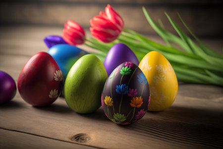 Painted Easter eggs with tulip flowers on wooden background. Spring holiday horizontal banner or greeting card template. AI generative image.の素材