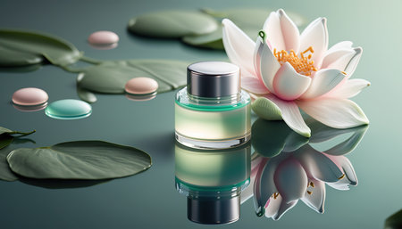 Beauty product cosmetic mockup on beautiful abstract spring nature pond with springtime plants and clean water. horizontal outdoor background. AI generative image.の素材