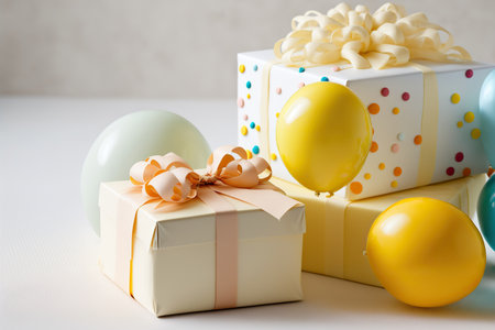 Birthday celebration minimal composition with gift boxes, balloons, confetti and other holiday decorative elements. selective focus. Indoor blurred background with place for text. AI generated picture.の素材