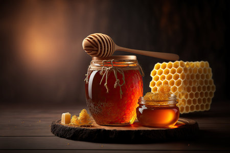 Close up jars of fresh delicious liquid honey with wooden dipper. Indoor background with copy space. AI generative image.の素材
