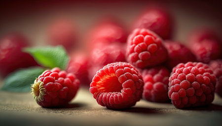 Close up ripe fresh tasty red raspberry berries with leaves. Organic healthy food concept. horizontal format. AI generative image.の素材