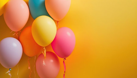 Multicolored balloons on yellow background with copy space. Horizontal banner or greeting card template. AI generative image.の素材