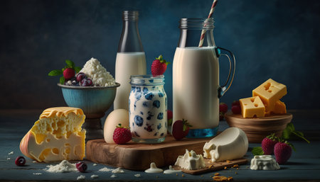 Still life with assorted dairy products and berries on horizontal dark background. Healthy delicious and tasty organic food concept. AI generative image.の素材