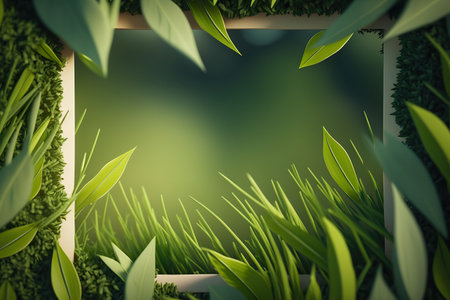 Beautiful abstract spring green grass background with copy space. Blank place for text. herbal border. AI generative image.の素材