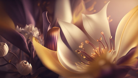 Beautiful soft abstract floral horizontal background. Greeting card with flowers and copy space template. AI generative image.の素材