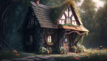 Digital illustration of fantasy fairy tale little cute house. horizontal format. AI generative image.の素材