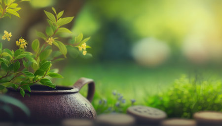 Illustration of cozy decorative garden with flowers and green vegetation outdoor horizontal background banner with copy space. AI generative image.の素材