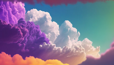 Beautiful retro style illustration of sky with bright blue, purple and pink clouds. abstract horizontal background. AI generative image.の素材