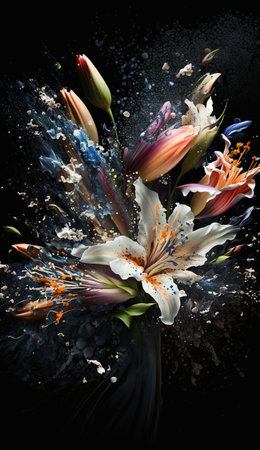 Beautiful abstract lily flowers with bright colors paint explosion on a black background. Mobile splash screen template. Floral artistic illustration. AI generative image.の素材