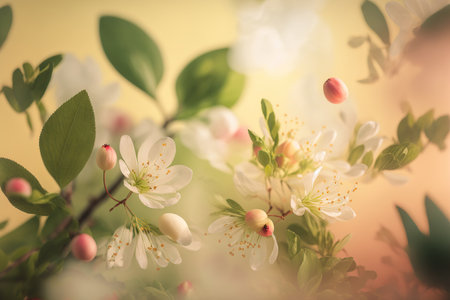 Blooming tree nature scene, abstract orchard illustration with place for text. AI generated picture.の素材