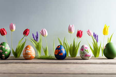 Painted Easter eggs with tulip flowers on wooden background. Spring holiday horizontal banner or greeting card template. AI generative image.の素材
