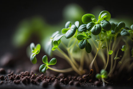 Beautiful young close up microgreen. Horizontal banner with fresh organic food healthy concept. AI generative image.の素材