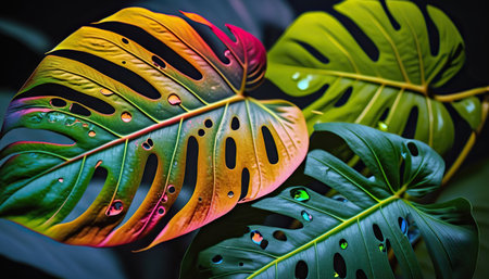 Abstract multicolored summer tropical monstera leaves, rainbow spectrum, horizontal wild nature botany background. AI generative image.の素材