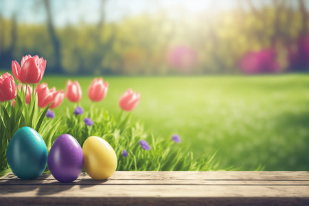Painted Easter eggs with tulip flowers on wooden background. Spring holiday horizontal banner or greeting card template. AI generative image.の素材