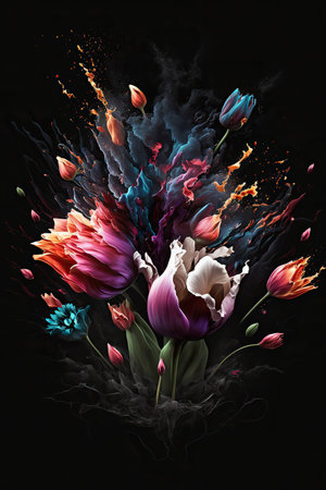 Vibrant color abstract explosion of tulip flowers. Artistic floral vertical mobile screen splash template. AI generative art.の素材
