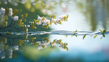 Abstract beautiful close up spring pond water. Splash screen or nature outdoor horizontal background with copy space. AI generative image.の素材