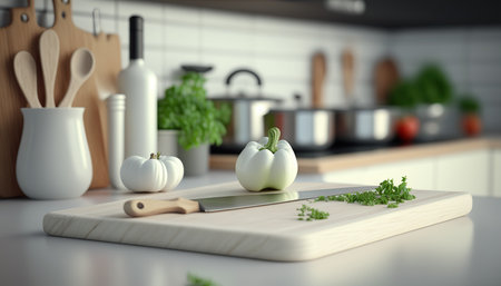 Close up chopping or cutting wooden board with vegetables on the table, day light kitchen interior, indoor horizontal background with copy space. AI generative images.の素材