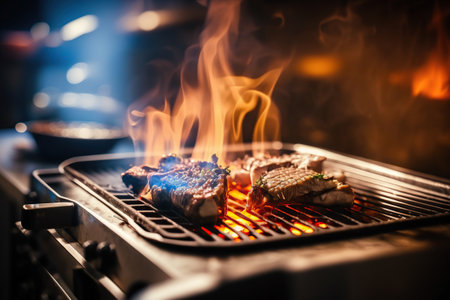 Preparing process of tasty juicy meat on grill fire, roasted grilled food illustration, cooking. indoor horizontal background. AI generative image.の素材