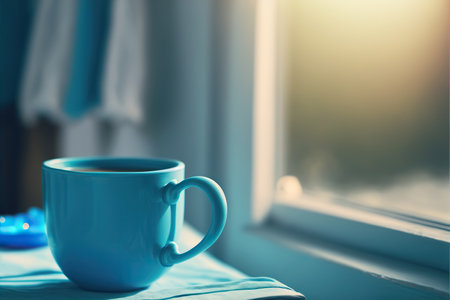 Mug with coffee or tea. Bright interior backdrop. AI generated picture.の素材